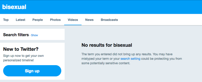 A video search for “bisexual” on Twitter performed Tuesday. (Screengrab: Twitter)